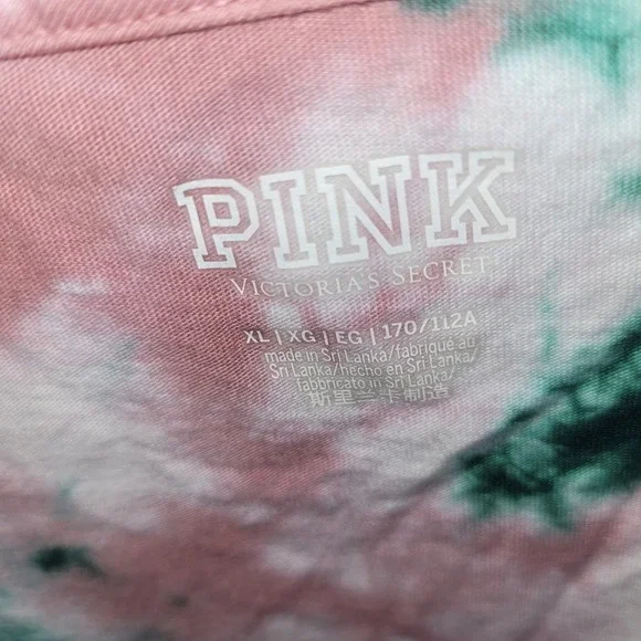 Victoria's Secret PINK 2 Pack XL T-Shirts Green Solid Tie Dye Split Neck Cotton - Picture 10 of 12